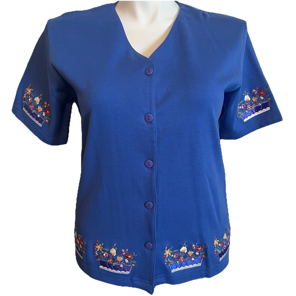 VTG Bechamel Floral Embroidered Button Up Top Women's M Blue Whimsical Novelty‎